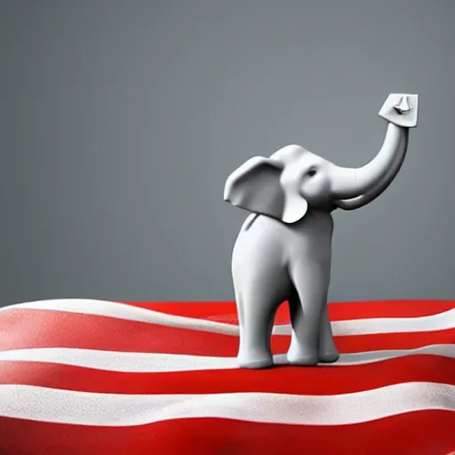 Image similar to studio photo of a ceramic figure, in the shape of an elephant eating a flag. photorealistic, minimalist, ultra detailed.