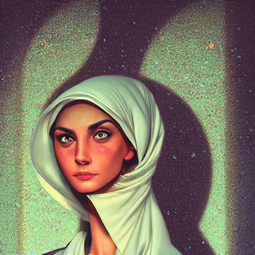 Image similar to detailed face of an arabic woman, terrazzo courtyard, moment, tectonic sky, skydome, reactor, utopian, tech noir, wet reflections, prism, atmospheric, ambient, pj crook, syd mead, livia prima, artgerm, greg rutkowski, nick alm, casey baugh