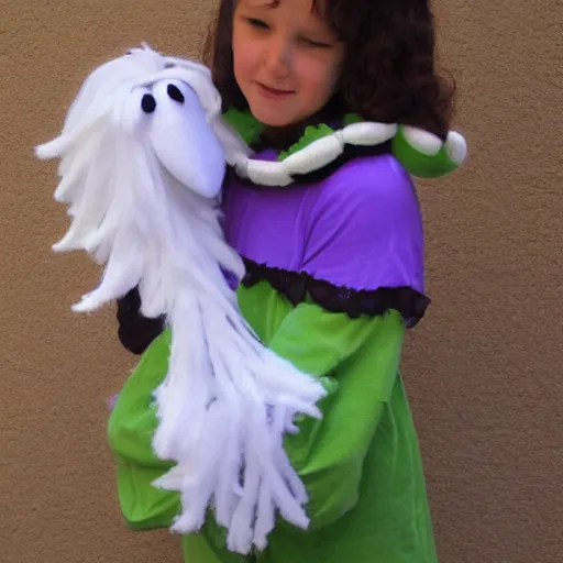 Image similar to a home made halloween ghost muppet plush, sesame street, photograph, realistic, photorealistic