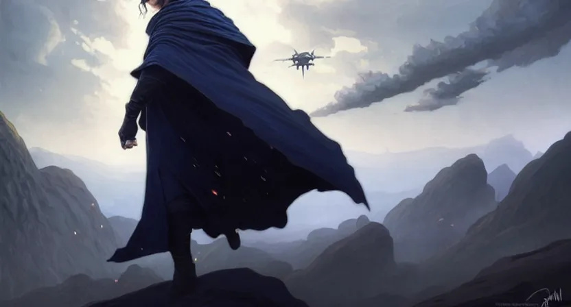 Image similar to handsome mage running away from a giant airship, black hair wearing hooded gothic navy cloak, mountain town, movie action still frame, ultra wide horizon, intricate, elegant, highly detailed, hyperrealism, digital painting, concept art, smooth, sharp, focus, illustration, art by artgerm, greg rutkowski, ilya kuvshinov, alphonse mucha