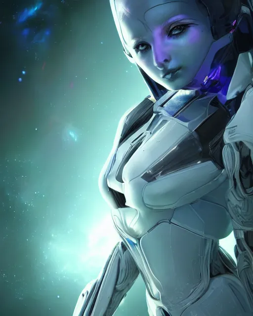 Image similar to photo of a android girl on a mothership, warframe armor, beautiful face, scifi, nebula, futuristic background, galaxy raytracing, dreamy, ethereal, beauty, long white hair, blue cyborg eyes, glowing, 8 k high definition, insanely detailed, intricate, innocent, art by akihiko yoshida, antilous chao, li zixin, woo kim