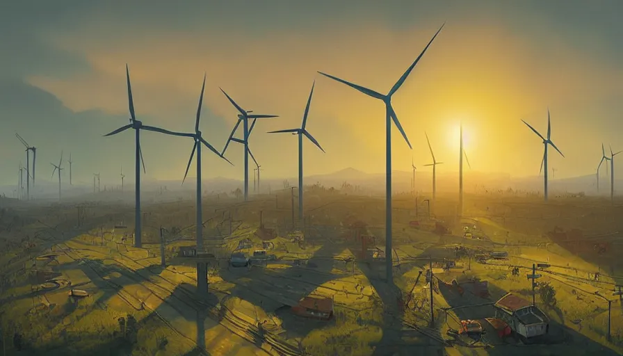 Image similar to city full of solar panels and windmills, early morning sun in the sky, simon stalenhag