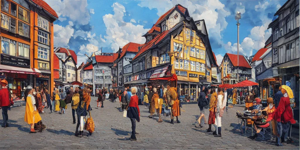 Image similar to Highly detailed oil painting of street life in stavanger by noon, strong atmosphere, oil painting masterpiece by Studio ghibli, symmetry, fractals