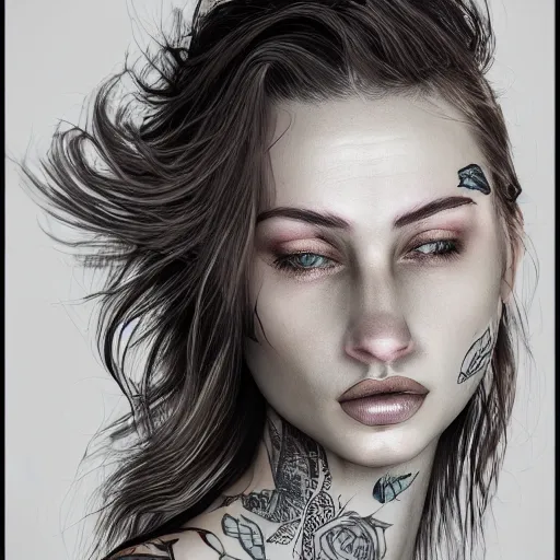 Image similar to heroine, beautiful, woman with tattoos revealing body, hyperrealistic, highly detailed, a real photographic, digital art, digital art, 8 k, character, realistic, portrait