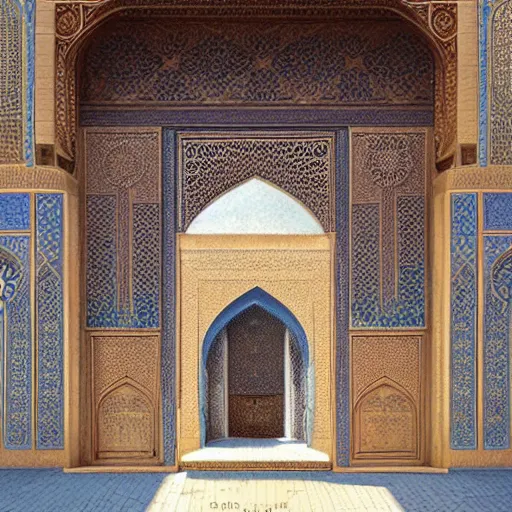 Prompt: art nouveau gate leading into Moroccan Samarkand mosque with Nabatean geometric decorations, science fiction concept art by greg rutkowski and wayne barlowe and alphonse mucha