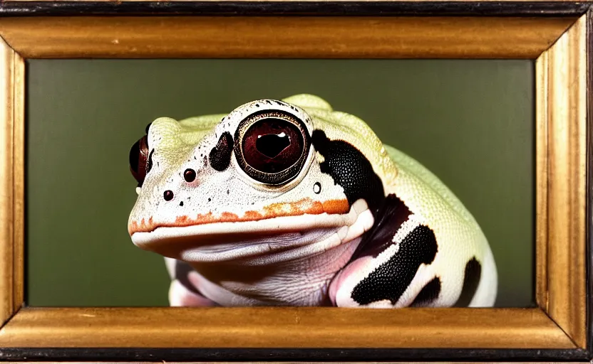 Prompt: a head - and - shoulders portrait of an amazon milk frog looking off camera wearing a black suit jacket, tan vest, and white ascot, an american romanticism painting, a portrait painting, cgsociety, soft focus, oil on canvas