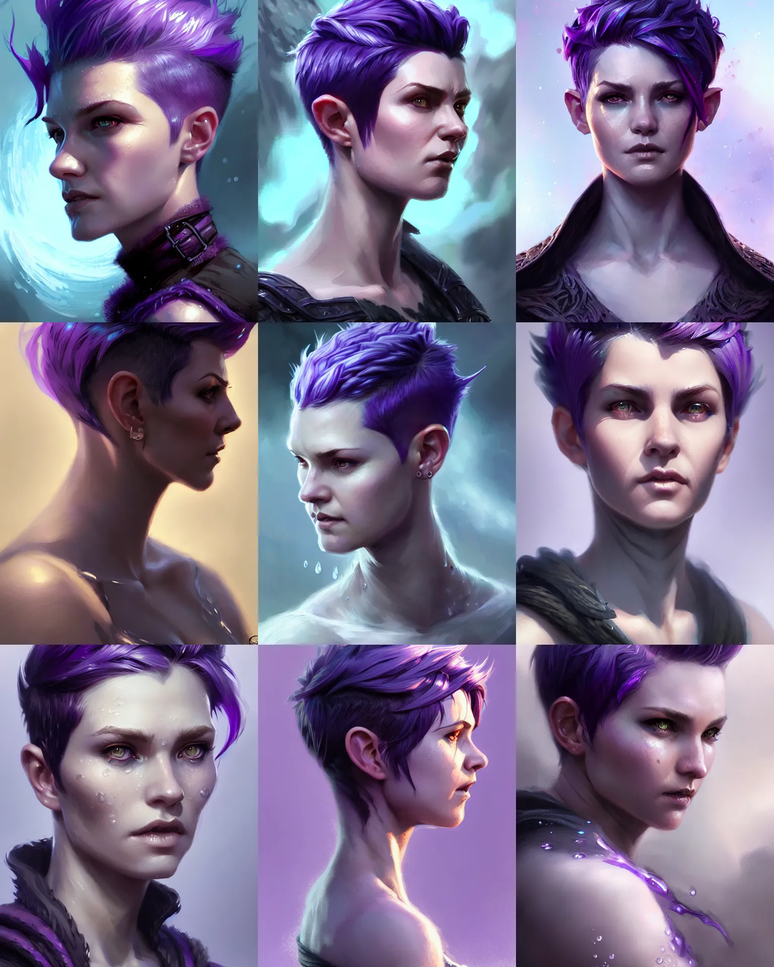 Prompt: Portrait of rugged adult female, D&D fantasy magic, pixie undercut hairstyle, black to purple fade hairstyle, water-ice magic, intricate, highly detailed, digital painting, artstation, concept art, sharp focus, illustration, art by greg rutkowski and ross draws