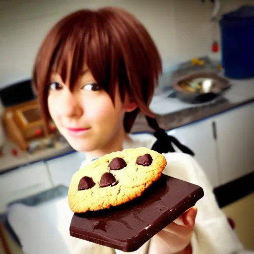 Prompt: anime girl with a chocolate chip cookie