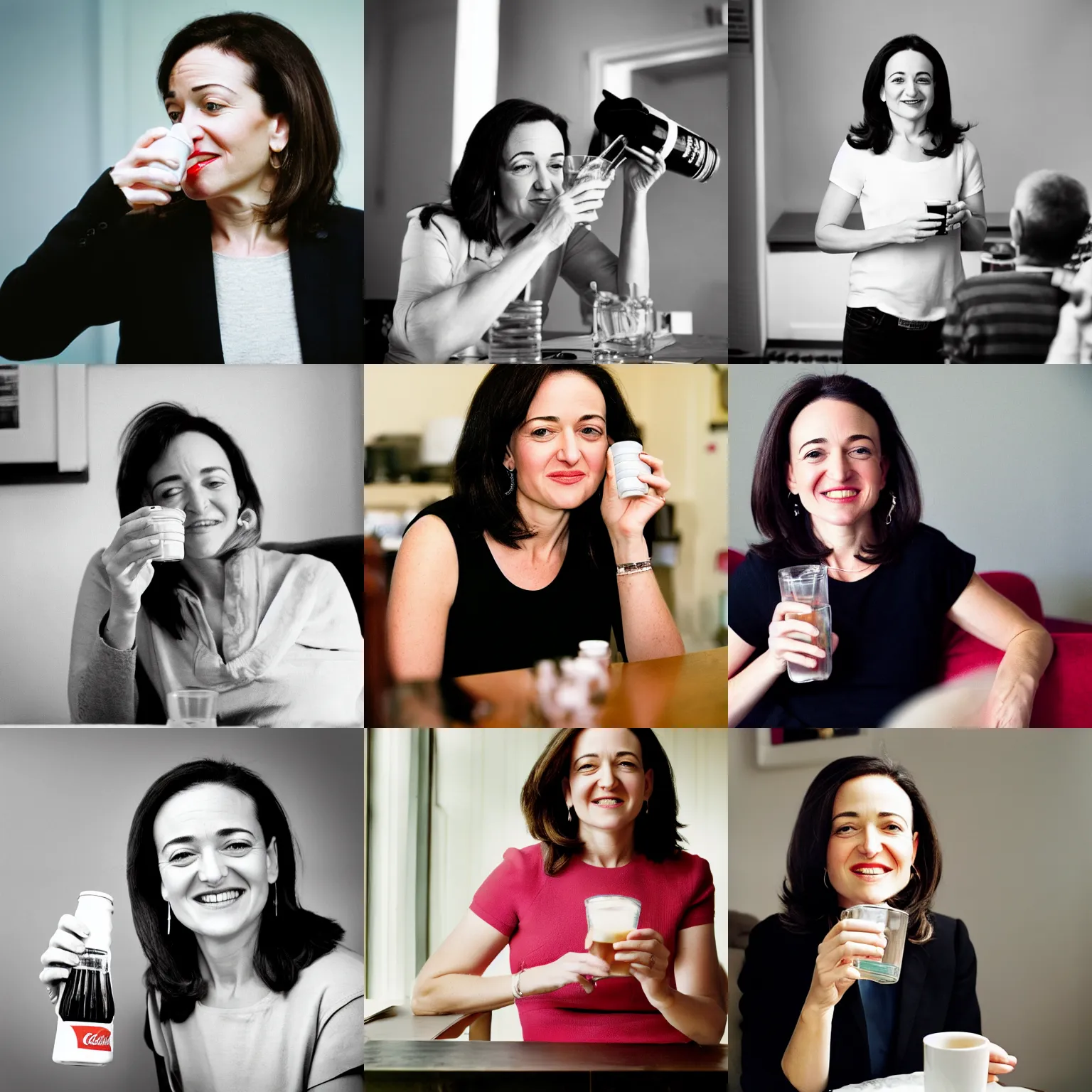 Prompt: Photo of Sheryl Sandberg drinking Diet Coke, photo by Anne Liebovitz, 24mm f/1.4