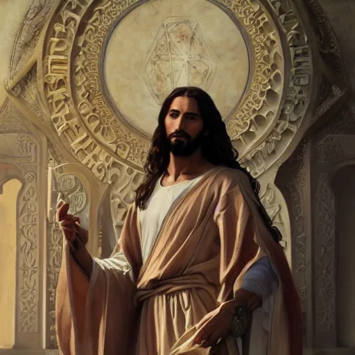 Image similar to a detailed illuminated manuscript of a ridiculously good looking jesus that looks like a jewish gigachad, long curly hair, elegant ancient greek dress, very detailed, coast as the background, beautiful, intricate, cinematic, artstation, william bouguereau, alphonse mucha, greg rutkowski, rossdraws, octane render