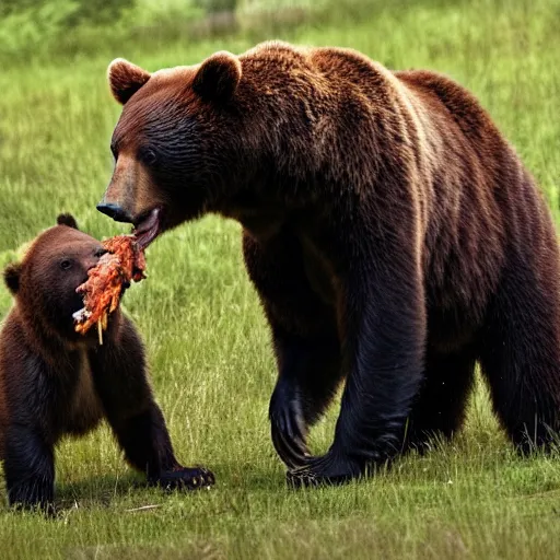 Prompt: a bloodthirsty bear, raised up on one side, with three ribs in its mouth between its teeth