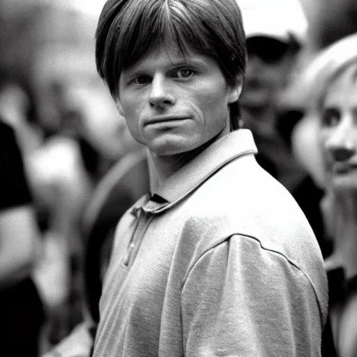 Prompt: film still, 5 0 mm, a masterpiece portrait photo of marty mcfly in a los angeles crowd, circa 1 9 9 9, sharp focus and narrow depth of field