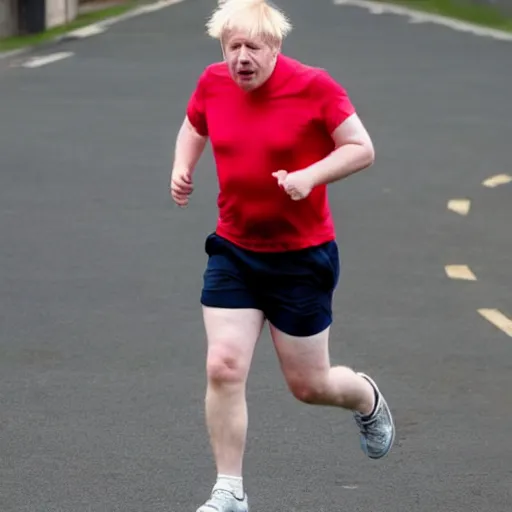 Image similar to Photo of Boris Johnson running, wearing a white t shirt and shorts