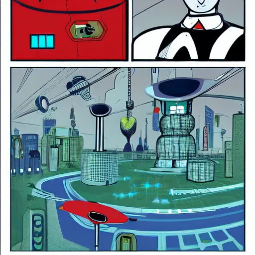 Image similar to sci-fi uptopian city powered by atomic energy, in the style of Charley Harper