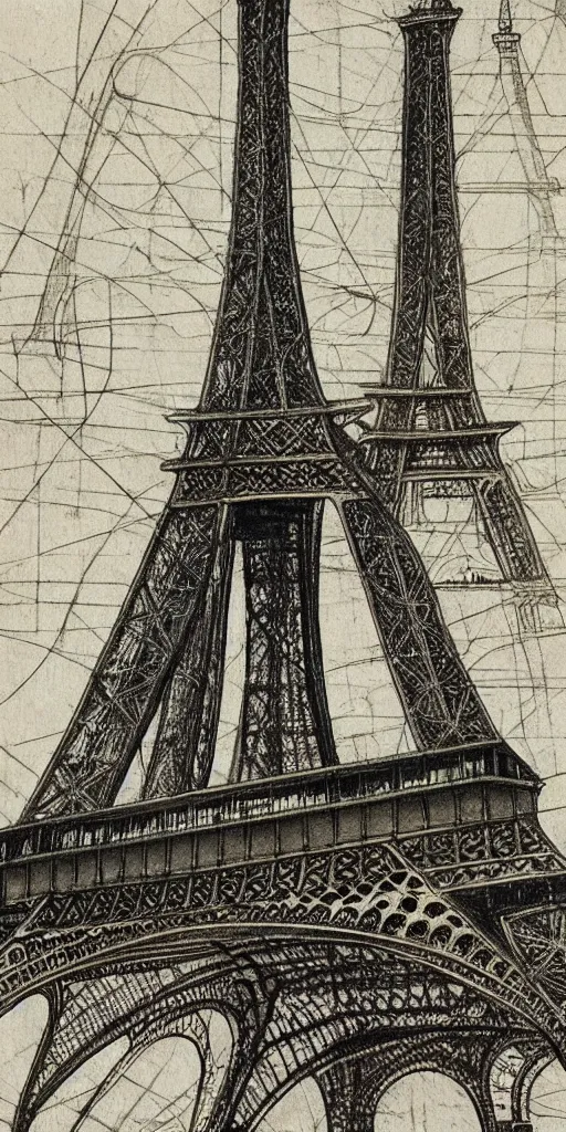 Image similar to architectural design studies of Eiffel Tower, different closeup view, drawn by Leonardo da Vinci, ancient ink draw, artistic, intricated