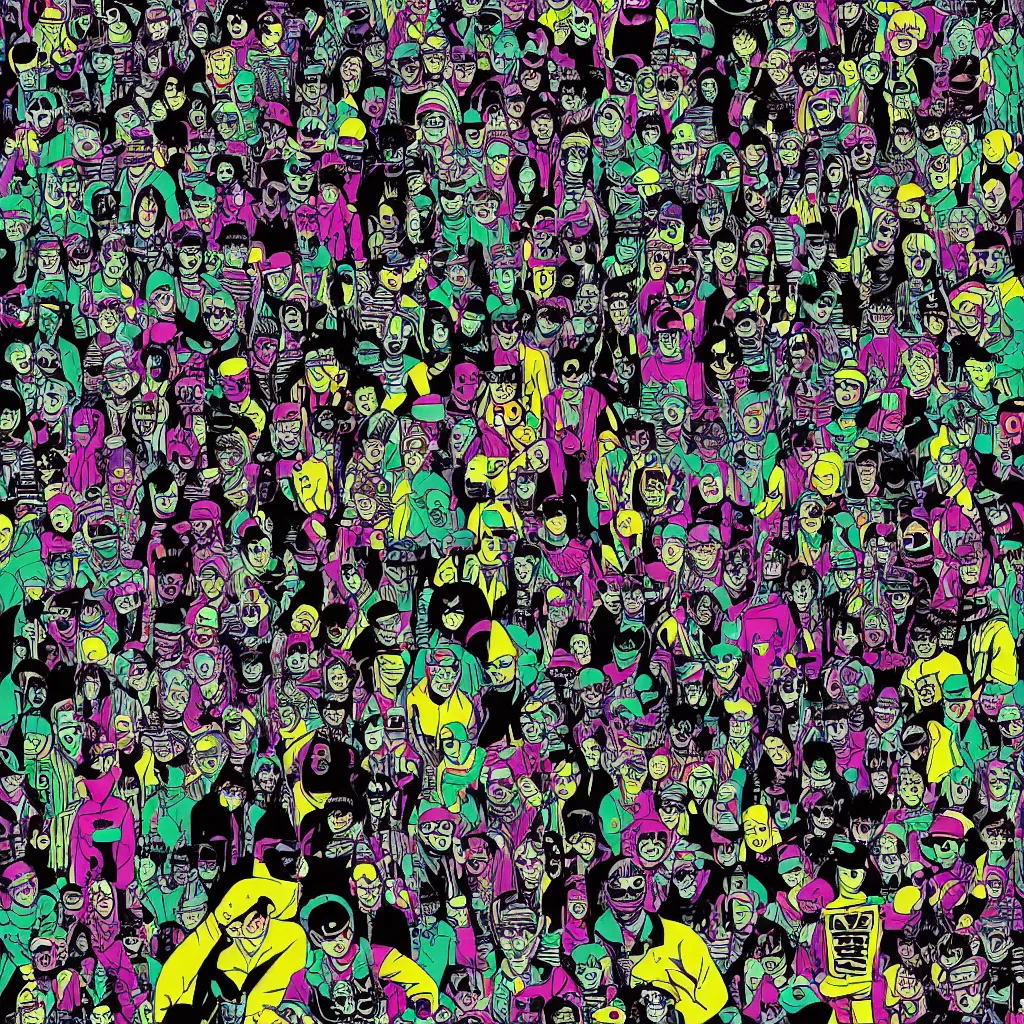 Image similar to faceless human figures, kazuo umezu artwork, jet set radio artwork, stripes, tense, space, cel - shaded art style, broken rainbow, ominous, minimal, cybernetic, cowl, dots, stipples, thumbprint, dark, eerie, motherboards, crosswalks, guts, folds, tearing