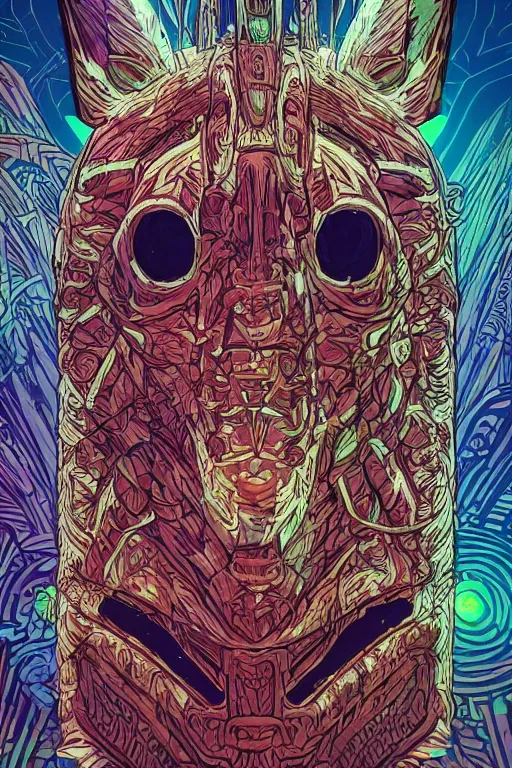 Image similar to totem animal tribal chaman vodoo mask feather gemstone plant global illumination ray tracing hdr that looks like it is from borderlands and by feng zhu and loish and laurie greasley, victo ngai, andreas rocha, john harris radiating a glowing aura