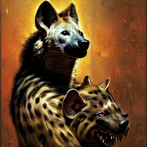 Image similar to portrait of a male hyena wolf wearing towel in front of a bath. shadowrun furaffiniy cyberpunk fantasy highly detailed painting by gaston bussiere craig mullins jc leyendecker gustav klimt artgerm greg rutkowski john berkey, bergey, craig mullins, ruan jia, raymond swanland, jeremy mann, tom lovell, alex malveda