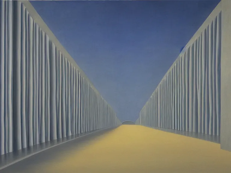 Image similar to infinite endless hallway painting by rene magritte, high detail, high resolution