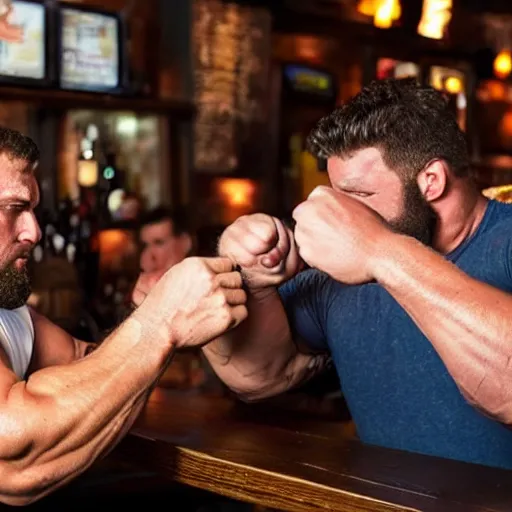 Image similar to a large burly muscular man losing arm wrestling to a small skinny man at a bar table. The crowd is cheering. Small space, dim lighting, realistic gritty atmosphere, dusty
