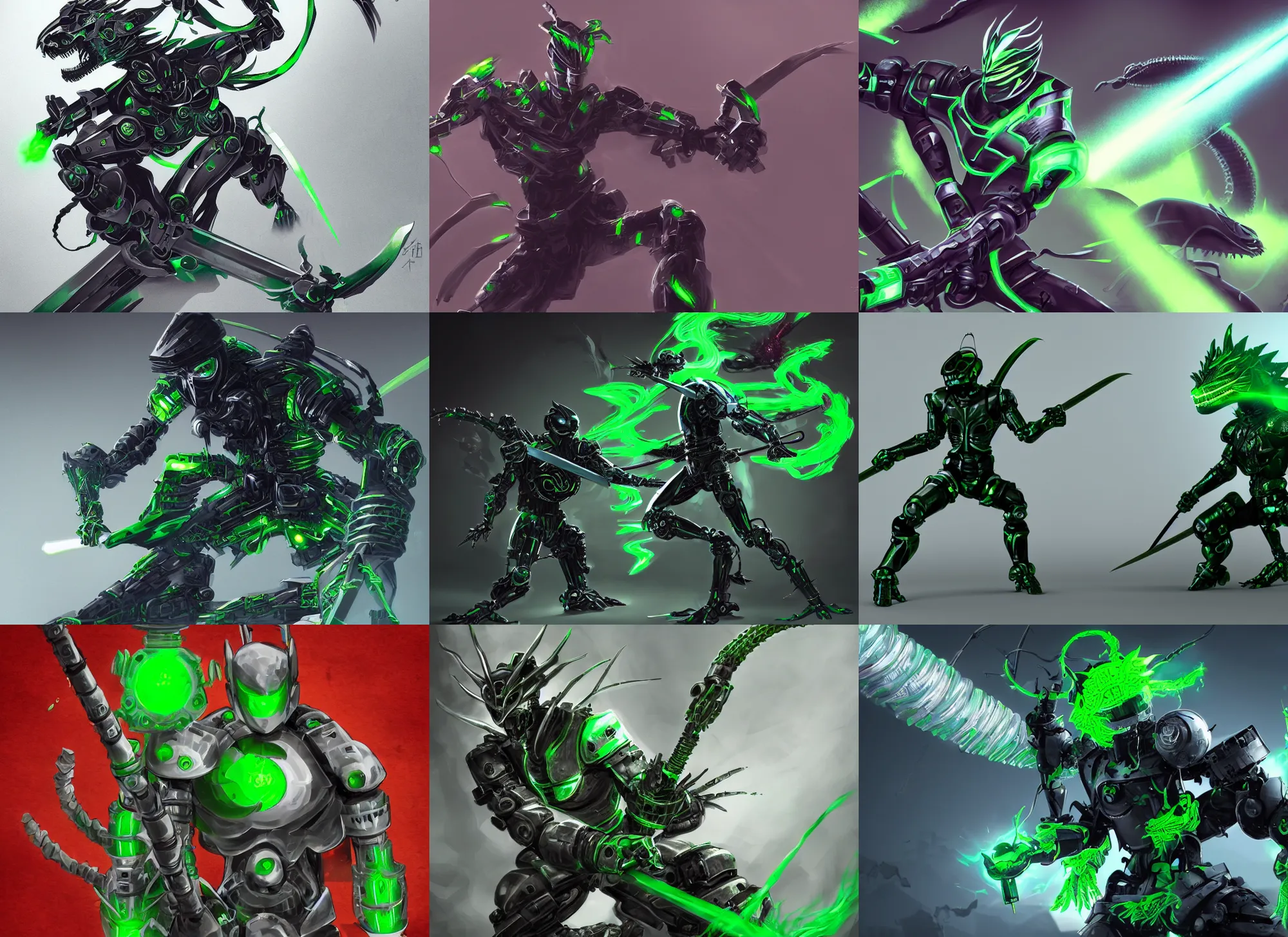 Prompt: metal ninja-robot with green ghost dragon and katana, digital art, trending on artstation, 4k, ultra detailed