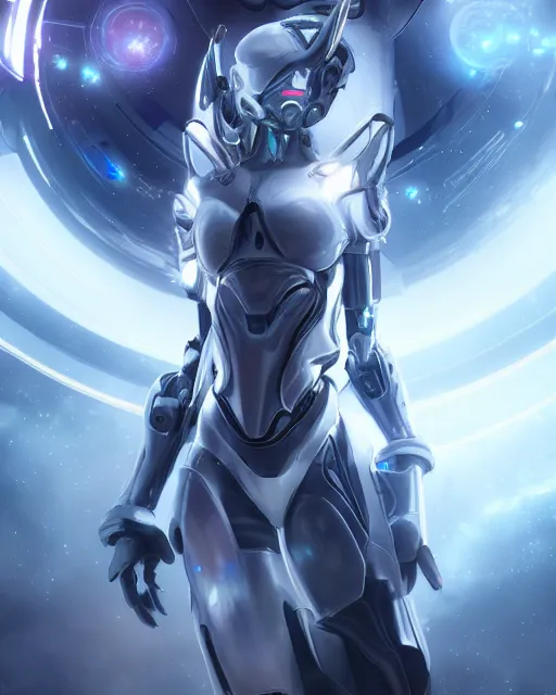 Image similar to perfect android girl on a mothership, warframe armor, beautiful face, scifi, futuristic, galaxy, nebula, raytracing, dreamy, long white hair, blue cyborg eyes, sharp focus, cinematic lighting, highly detailed, artstation, divine, by gauthier leblanc, kazuya takahashi, huifeng huang