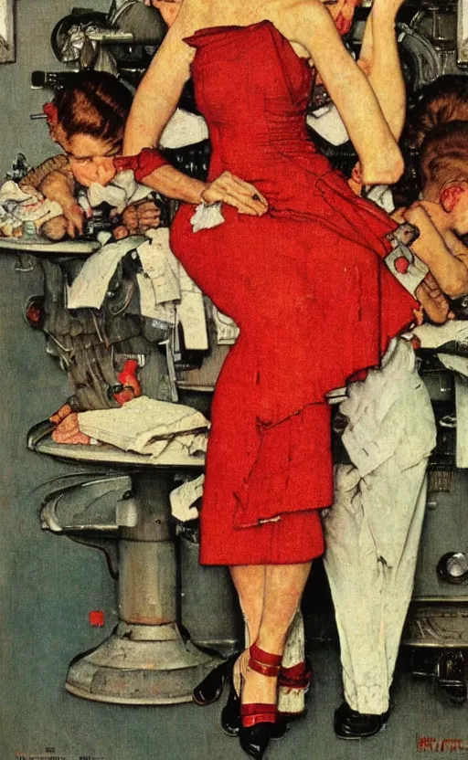 Image similar to a portrait made by norman rockwell!! of a red head woman! on an ocean liner!!!