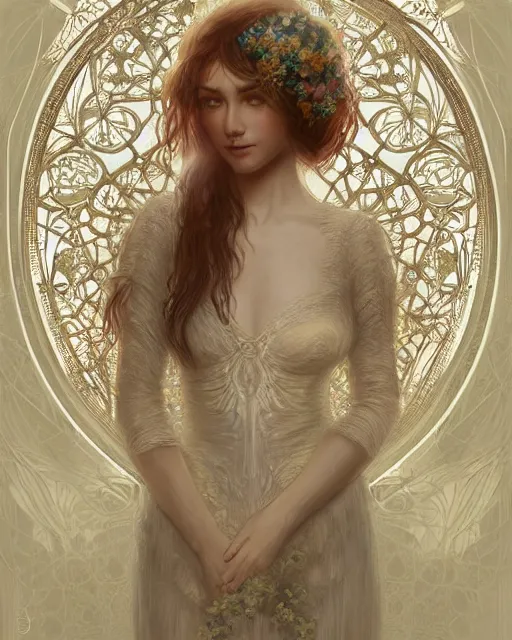 Prompt: Floralpunk elysian Maiden of radiant light wearing ivory lace dress made of stardust by Ruan Jia and artgerm, award winning art, Artstation, art nouveau aesthetic, Alphonse Mucha background, intricate details, semi-realistic, full view