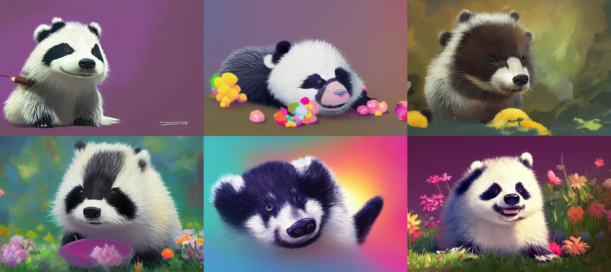 Prompt: colorkey painting, bright bloom, bounce light, rough brush strokes, Daisuke Tsutsumi, Robert Kondo, cute fluffy badger taking out the trash, Pixar and Disney animation, cosy