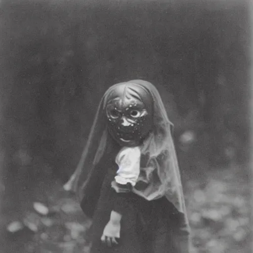 Image similar to child wearing a halloween mask in 1 9 0 0, photograph, style of atget, creepy, atmospheric, unsettling