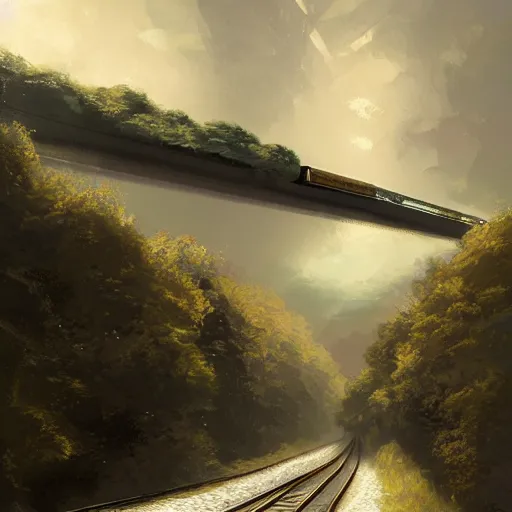 Prompt: high speed train passing through english countryside, intricate, very beautiful and elegant, highly detailed, digital painting, artstation, concept art, smooth and sharp focus, illustration, art by greg rutkowski