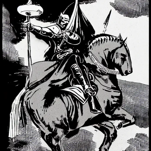 Prompt: A knight riding on top of a tapir. Dark Fantasy, Film Noir, Black and White. High Contrast, Mike Mignola, D&D, OSR