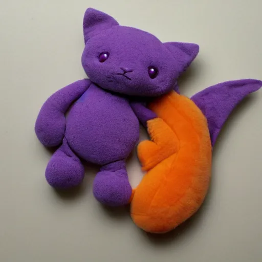 Image similar to small cute purple dragon, the dragon is hugging an orange tabby cat, soft, cozy