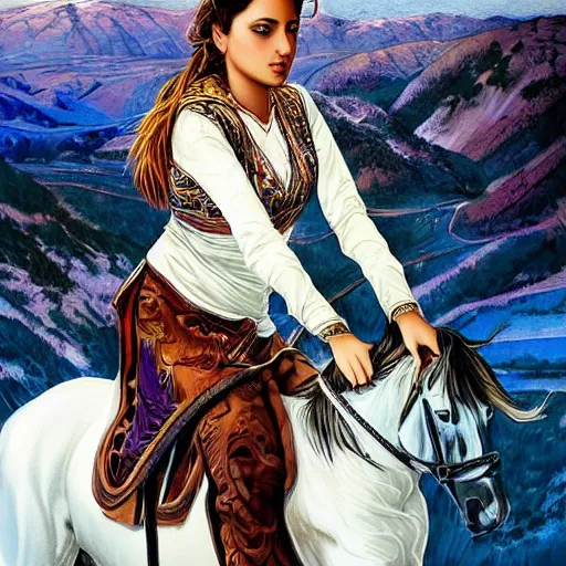 Image similar to a beautiful young kurdish woman riding a beautiful white horse in the kurdish mountains art by martin ansin, highly detailed, 8 k, high resolution, award winning art, incredibly intricate, beautiful and symmetrical face