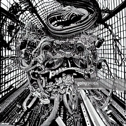 Prompt: scientists studying quetzalcoatl locked in a cage in a warehouse, 1 9 6 0's sci - fi, black and white, 8 k, highly ornate intricate details, extreme detail, punk xerox