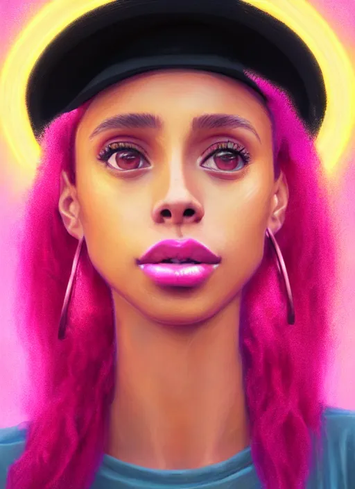 Image similar to portrait of young vanessa morgan with bright pink hair, black girl, vanessa morgan, curly pixie cut hair, wearing newsboy cap, newsboy cap, hoop earrings, intricate, elegant, glowing lights, highly detailed, digital painting, artstation, concept art, smooth, sharp focus, illustration, art by wlop, mars ravelo and greg rutkowski