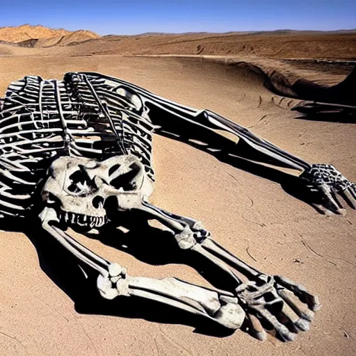 Prompt: The hulk’s skeleton found in the desert