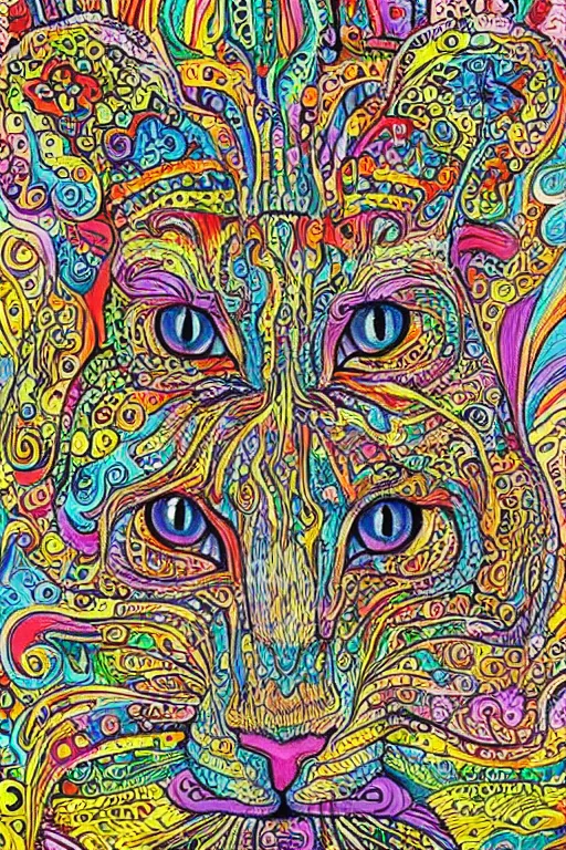 Image similar to Psychedelic cats in the style of Louis Wain