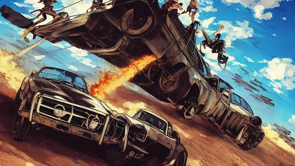 Image similar to anime illustration of mad max's fj 4 0 pursuit special riding fury road eternal shiny and chrome, world of fire and blood, the last v 8 interceptor driving down to the gates of valhalla highway, by makoto shinkai, ilya kuvshinov, lois van baarle, rossdraws, basquiat, global illumination ray tracing hdr