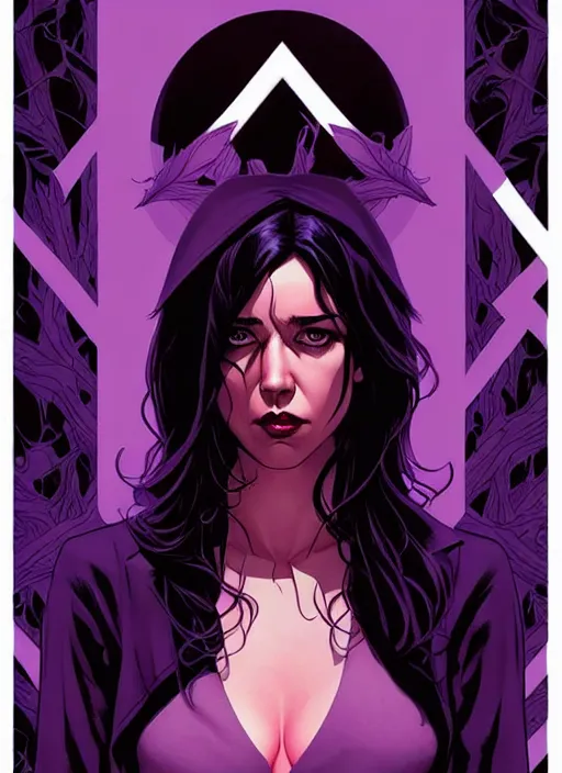 Image similar to Rafael Albuquerque comic cover art, artgerm, Joshua Middleton, pretty Stella Maeve witch doing black magic, serious look, purple dress, symmetrical eyes, symmetrical face, long black hair, full body, dark forest, cool colors