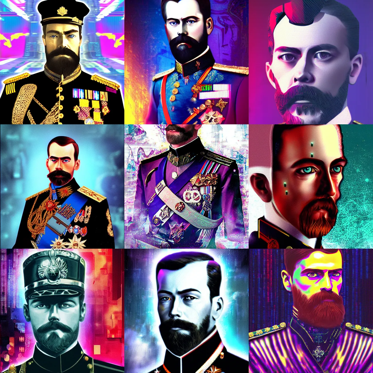 Image similar to Nicholas II of Russia, cyberpunk, synthwave, glitch, digital art, detailed, photo realistic