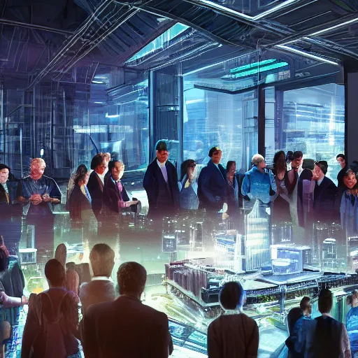 Prompt: large group people in a glass warehouse, looking at hologram of futuristic city on a table, cinematic concept art, godrays, 4 k, clear details, tabletop model buildings, tabletop model, hologram center