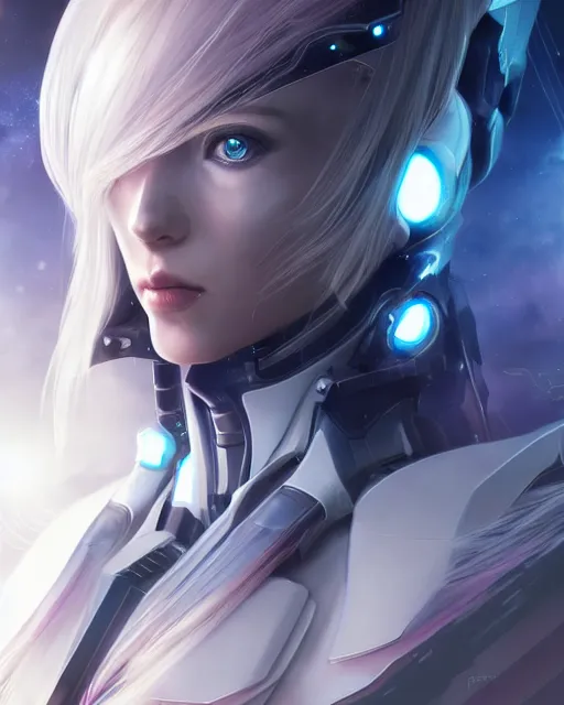 Image similar to perfect android girl on a mothership, warframe armor, beautiful face, scifi, futuristic, galaxy, nebula, raytracing, dreamy, long white hair, blue cyborg eyes, sharp focus, cinematic lighting, highly detailed, artstation, divine, by gauthier leblanc, kazuya takahashi, huifeng huang