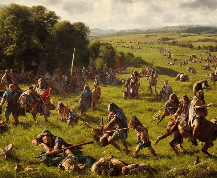 Image similar to a peaceful encampment of barbarian men in an irish meadow, art by denys tsiperko and bogdan rezunenko, hyperrealism