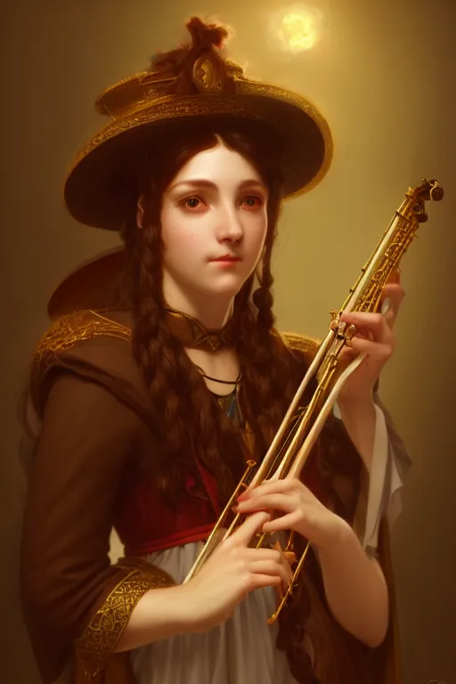 Image similar to a portrait of a fantasy bard, bored, illustration, soft lighting, soft details, painting oil on canvas by Edmund Blair Leighton and Charlie Bowater octane render trending on artstation d&d characters, 4k, 8k, HD