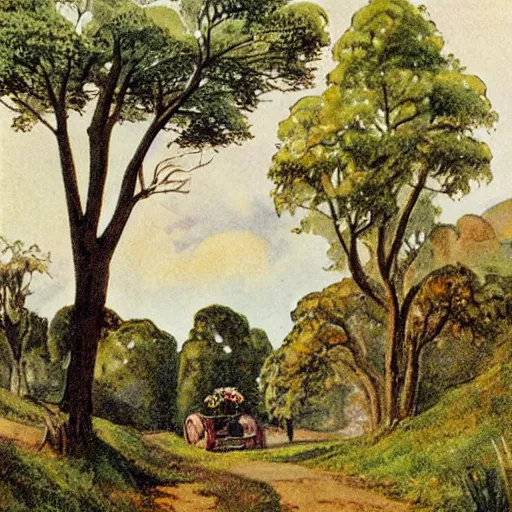 Prompt: 1920s country lane with an automobile By Charles Maurice Detmold