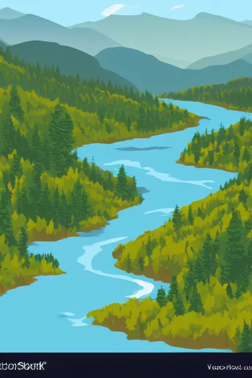 Prompt: mountaintop river flat vector illustration trending on artstation