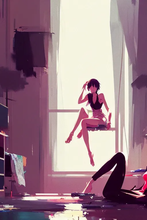 Prompt: a ultradetailed beautiful panting of a stylish woman sitting in a messy apartment, by makoto shinkai, conrad roset and greg rutkowski, trending on artstation