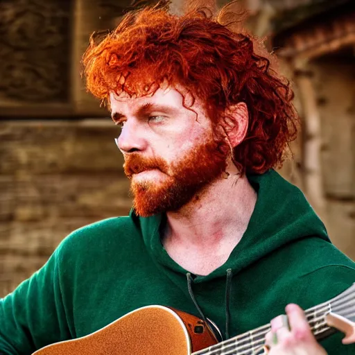 Prompt: side profile of a rugged man with curly red hair wearing a green cloak playing a guitar sitting on a roof top, medieval setting, atmospheric lighting, painted, intricate, volumetric lighting, beautiful, rich deep colours masterpiece, golden hour, sharp focus, ultra detailed, by leesha hannigan, ross tran, thierry doizon, kai carpenter, ignacio fernandez rios