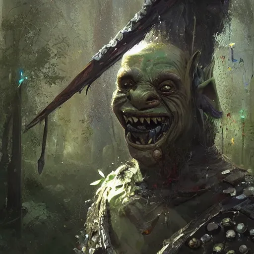 Prompt: portrait of the grinning elder goblin wearing chainmail whilst concealing a spear within the interior orc encampment greg rutkowski ismail inceoglu ishbel myerscough